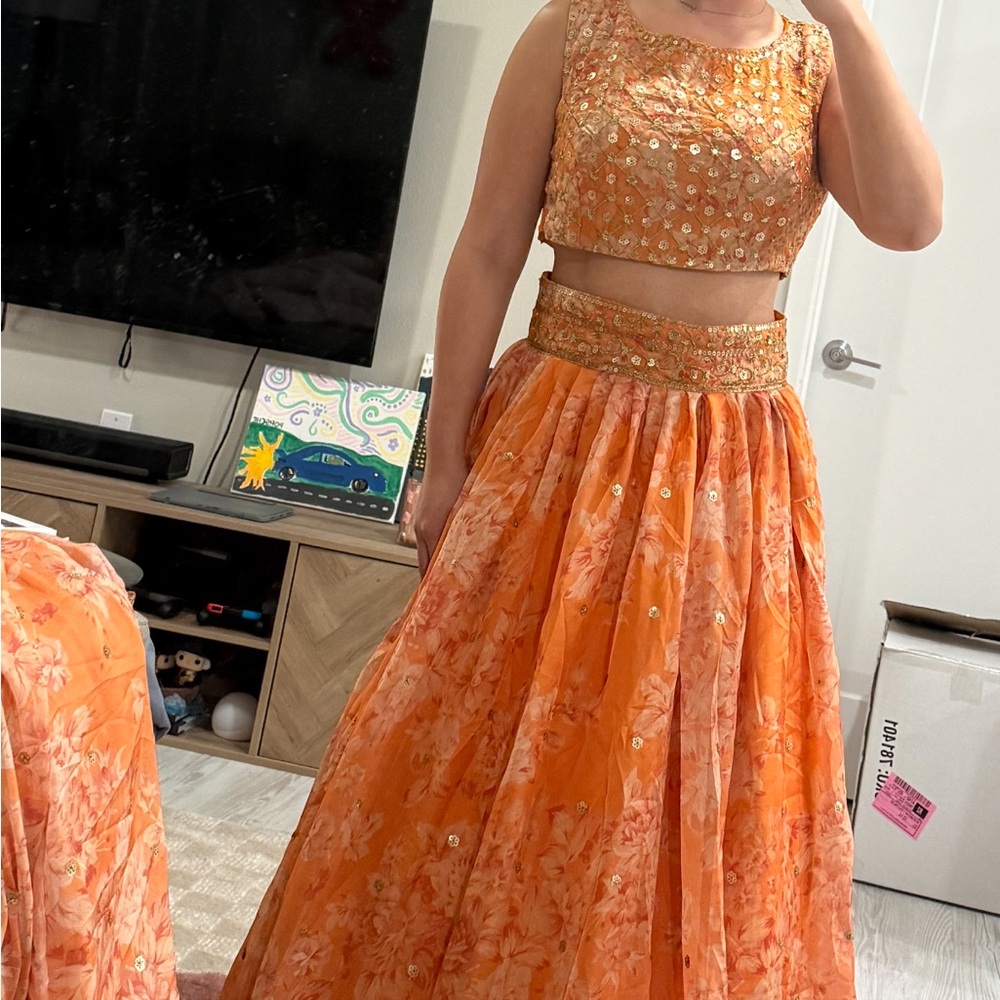 Embroidered Orange Two-Piece Lehenga Set